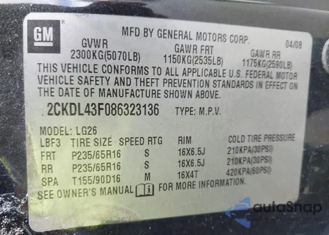 2008 Pontiac Torrent из США, поврежденный, VIN 2CKDL43F086323136